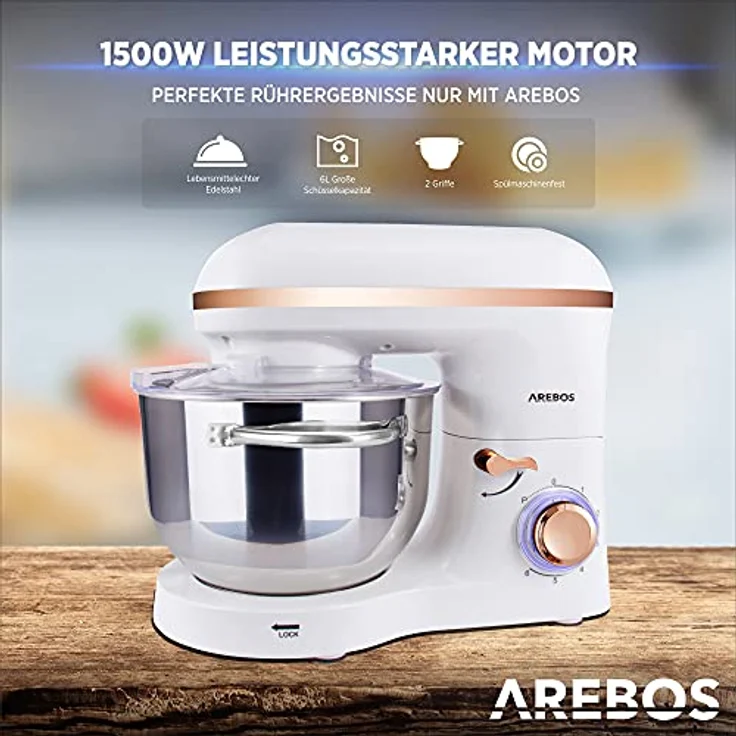 Arebos Küchenmaschine mit Planetenrührsystem, 1500W, 6L Edelstahl-Rührschüssel, 6 Geschwindigkeiten, geräuschlos, weiß – Bild 3