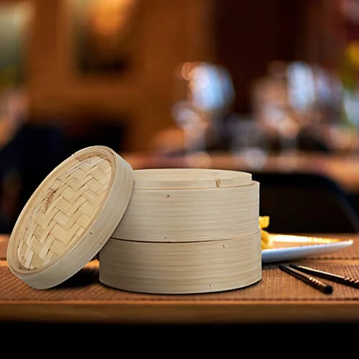 Relaxdays Bambus Dampfgarer, asiatischer Dämpfkorb mit 2 Etagen, für Dim Sum, Reis, Dampfgarer Einsatz, Ø 20,5 cm, natur – Bild 2