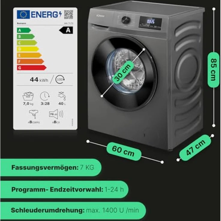 Bomann Waschmaschine WA 7175 titan - schwarz | 7kg, 1400 U/min, Invertermotor, 15 Programme, 10 Jahre Motor-Garantie, Endzeitvorwahl – Bild 3