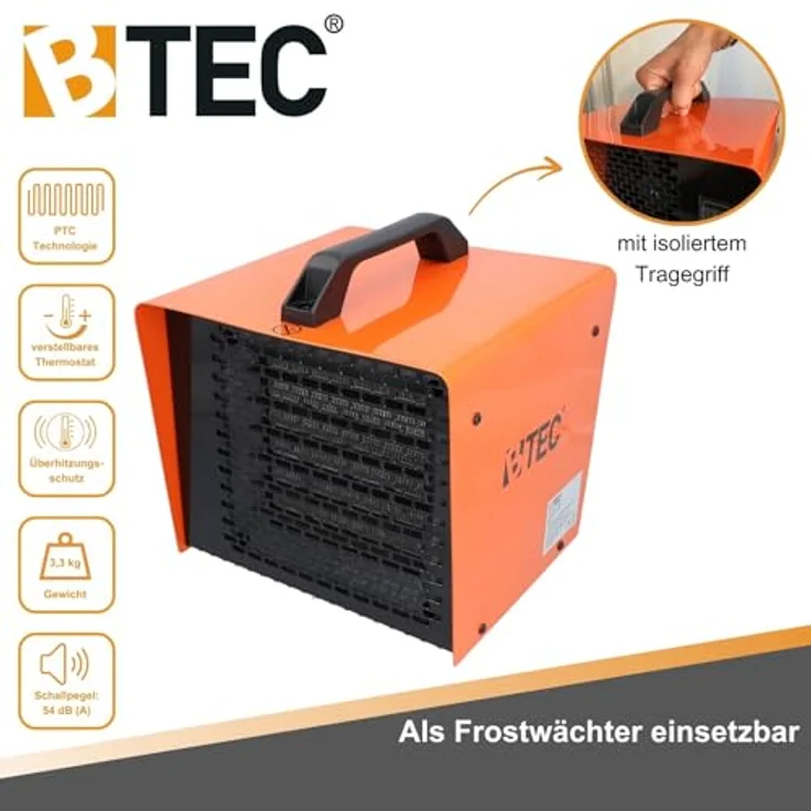 BTEC Heizlüfter 3000 Watt - Elektroheizer mit Keramik Heizelementen - 2 Heizstufen - Frostwächter - Perfekt für Baustelle, Werkstatt, Garage - Heizstrahler - 3kW Heizer – Bild 3