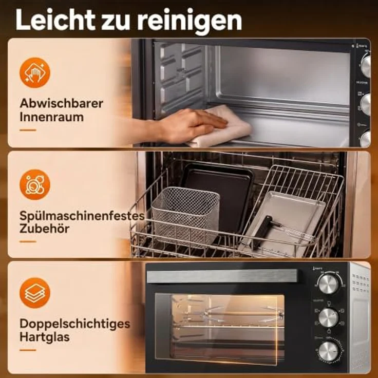 HOMCOM Mini Backofen mit Umluft, 36L, Drehspieß, 1500W, Silber, 90–230℃, 60 Min. Timer – Bild 9