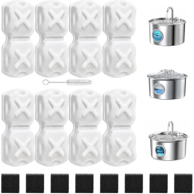 Vindox Katzenbrunnen Filter Set, 16 Stück Aktivkohle & Schwämme für 2L/2.6L/3.2L Edelstahl Trinkbrunnen, mehrstufige Wasserfilterung