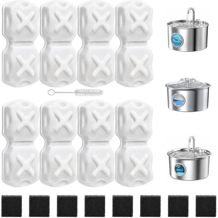 Vindox Katzenbrunnen Filter Set, 16 Stück Aktivkohle & Schwämme für 2L/2.6L/3.2L Edelstahl Trinkbrunnen, mehrstufige Wasserfilterung