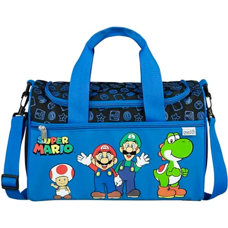 Scooli Sporttasche Super Mario, Kinder Sporttasche mit großem Hauptfach und Reißverschluss, 10,5 Liter, blau