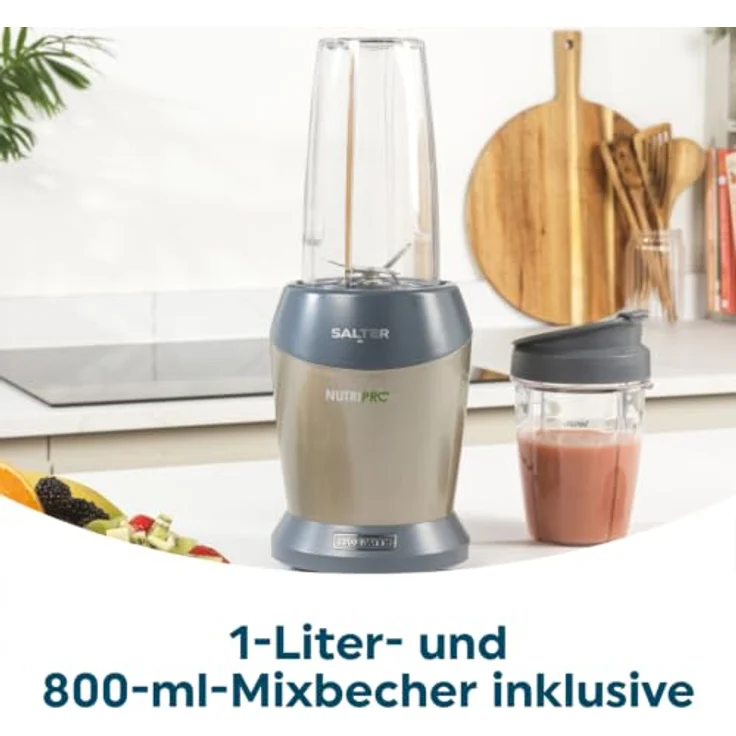 Salter NutriPro 1000 Mixer – Tragbarer Smoothie-Maker mit 1000W, 2 BPA-freien Reisebechern (800ml/1L), Edelstahlklinge für Nährstoffextraktion und Suppen/Babynahrung – Bild 6