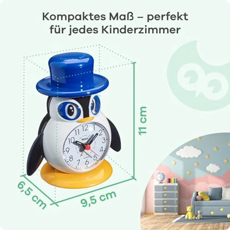 Mebus Kinderwecker 26514, Analoger Wecker mit Quarzuhrwerk, Pinguin-Motiv, Hintergrundbeleuchtung in Blau, Snooze-Funktion, Leuchtzeiger – Bild 5