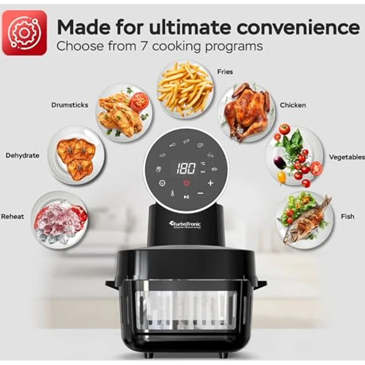 TurboTronic TT-AFG6 Heißluftfritteuse 6 L, 1600 W, digitale Steuerung, 7 Programme, Touch-Display, BPA-frei, schwarz – Bild 5