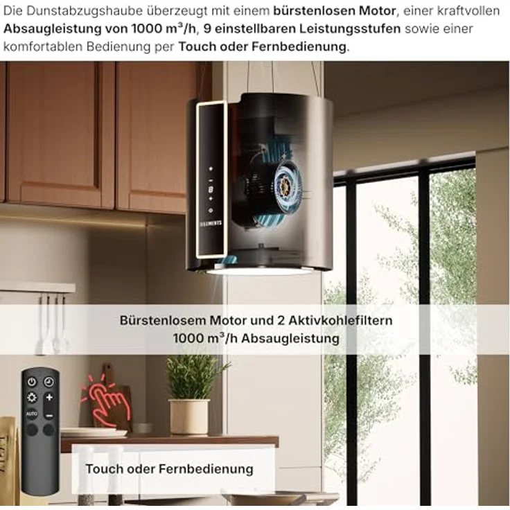 KB ELEMENTS Inselhaube, freihängende Dunstabzugshaube mit 1000 m³/h Saugleistung, Brushless-Motor, Fernbedienung und Touch-Gestensteuerung – Bild 2