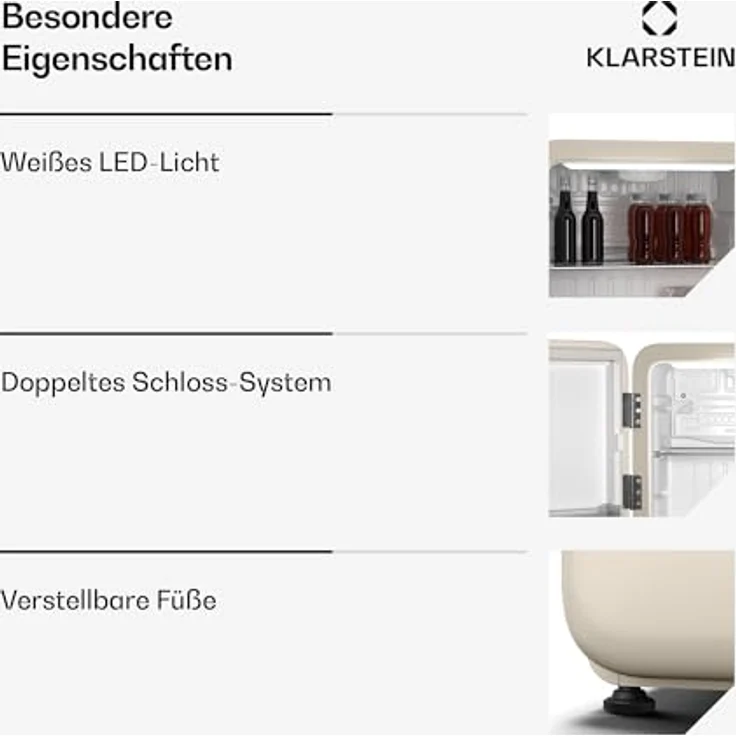 Klarstein Audrey Evo Mini Kühlschrank, 43 Liter, Retro-Design, leise mit 40 dB, kompakt, reversible Tür, für Hotel und Büro – Bild 6