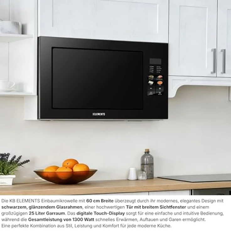 KB ELEMENTS 60 cm Einbaumikrowelle, 25 Liter Garraum, 1320 Watt Gesamtleistung, Full-Touch-Display, Edelstahl Innenraum, Glasrahmen – Bild 2