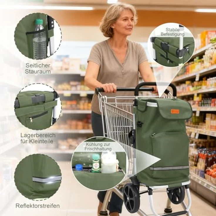 Sekey Einkaufstrolley 3-in-1 mit Kühlfach und Spanngurt, faltbarer Einkaufswagen, 42L, bis 35kg, grün – Bild 4