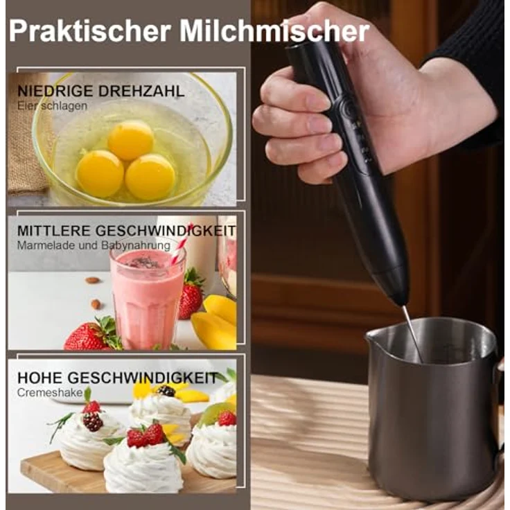EBUYFIRE Elektrischer Milchaufschäumer mit 3 Köpfen, USB wiederaufladbar, 3 einstellbare Geschwindigkeiten, edelstahl Mini Schneebesen für Matcha Latte und Cappuccino – Bild 2