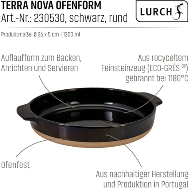 Lurch Terra Nova Ofenform rund, Keramik Ø26x5cm, schwarz/creme, hitzebeständig bis 250°C, leicht zu reinigen, 1300ml Volumen – Bild 3