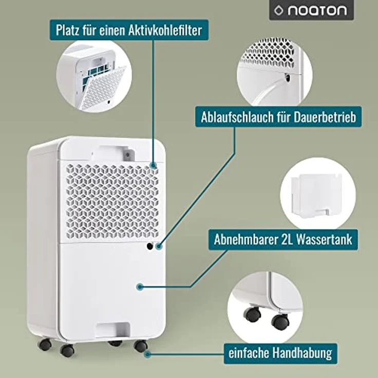 Noaton Luftentfeuchter und Luftreiniger DF 4114 + 2x Kohlefilter C2, max. 13,5 L/Tag, für Räume bis 25m²/63 m3, max 180W, Ablaufschlauch, Wäschetrocknung, Gegen Feuchtigkeit, Schimmel, in Weiß – Bild 3