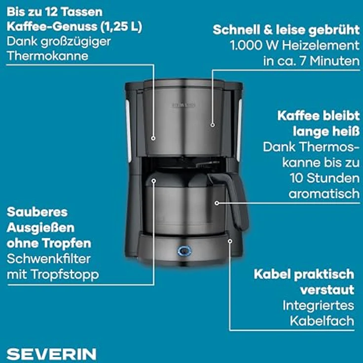 Severin KA 9343 Filterkaffeemaschine, 8 Tassen, Schwarz, mit Thermosbehälter und Tropf-Stopp-Funktion – Bild 3