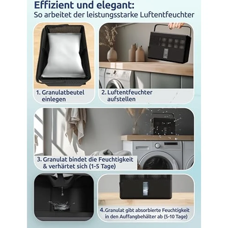 BonAura® AirOne Max, Luftentfeuchter ohne Strom für Räume bis 33m², 360° Belüftung, integrierter Ausgießer, 980g Granulat, Schimmel- und Geruchsschutz – Bild 4