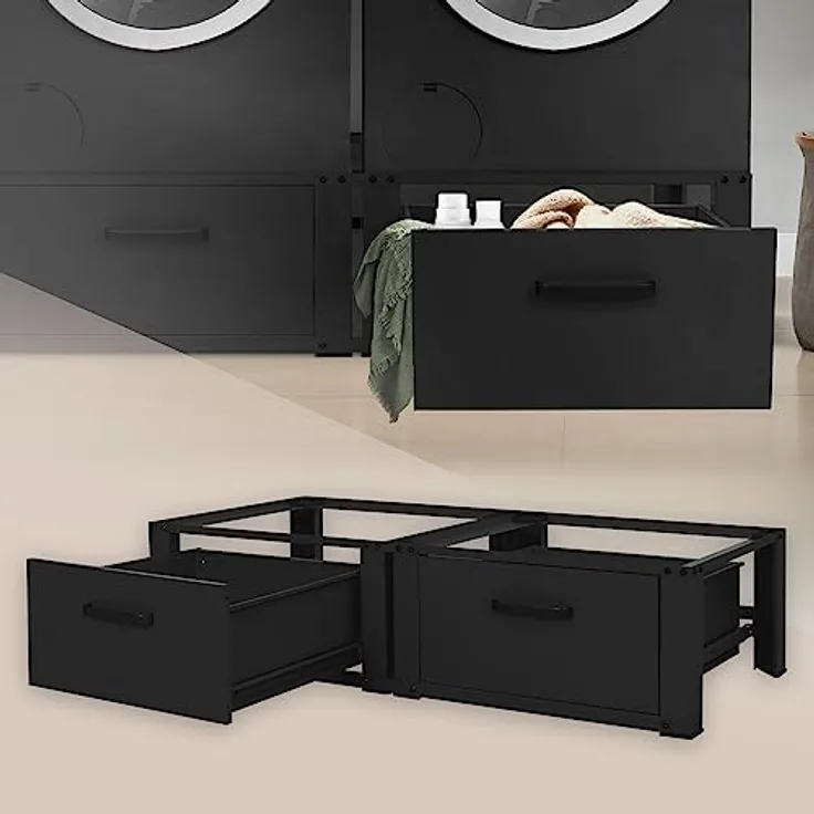 ML DESIGN modern living Doppel Waschmaschinen Untergestell mit 2 Schubladen, Schwarz, 128x53,5x31,5 cm, 2-Fach 2x150kg, Stahl, Doppelpodest Sockel Erhöhung