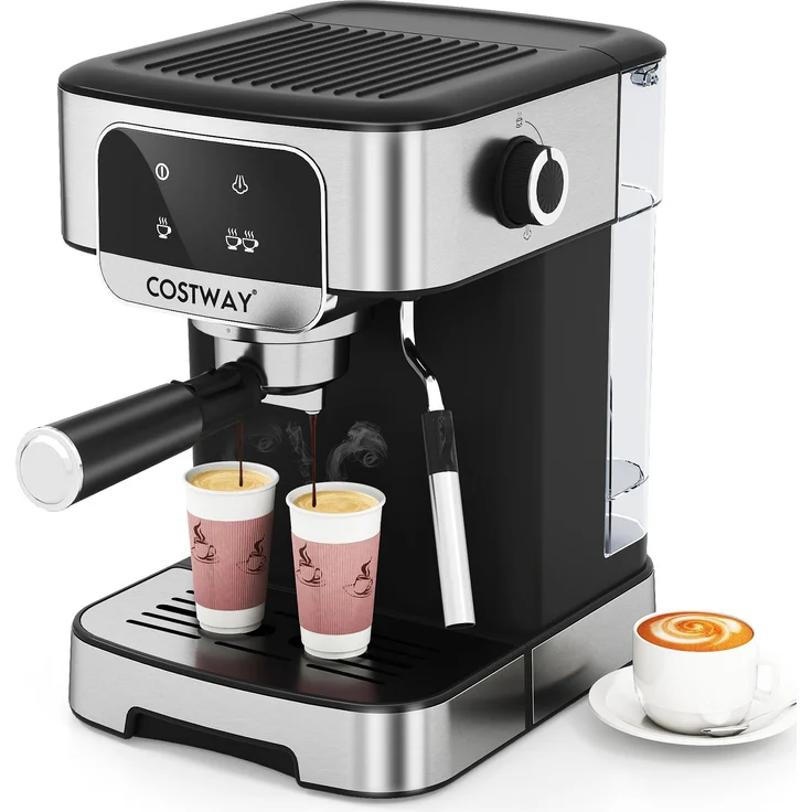 COSTWAY Espressomaschine 20 Bar, 1200W Siebträgermaschine mit Dampf Milchaufschäumer, 1,8 L abnehmbarer Wassertank, Touchscreen, Schwarz/Silber