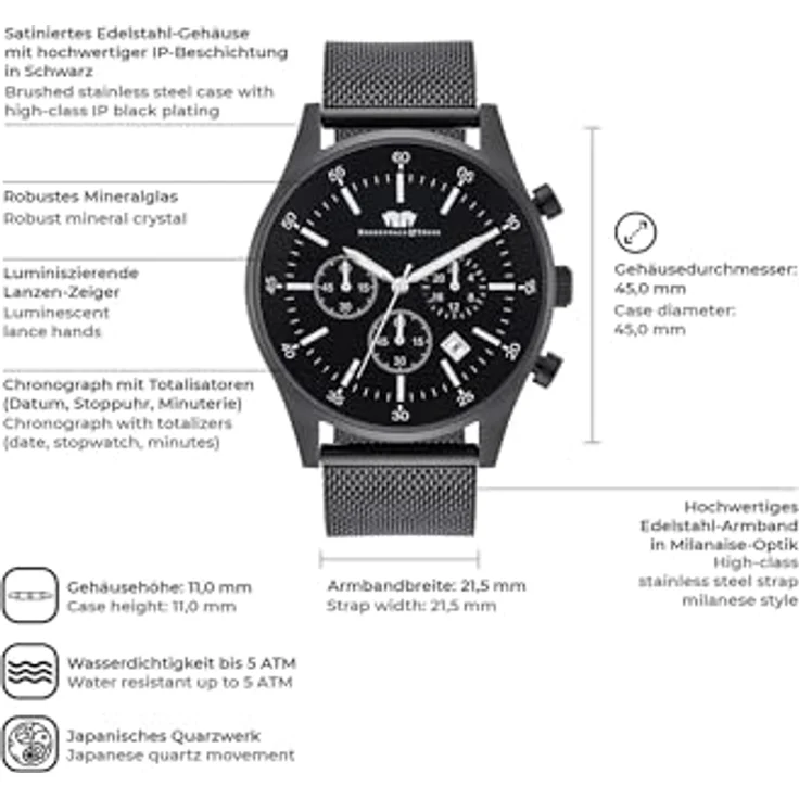 Rhodenwald & Söhne Goodwill Herrenuhr Chronograph Edelstahl schwarz 5 ATM Präzisions-Quarzwerk Milanaise-Armband schwarz – Bild 2