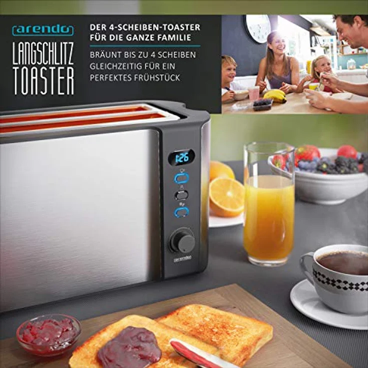Arendo Edelstahl Toaster Langschlitz 4 Scheiben - Defrost Funktion - wärmeisolierendes Gehäuse - mit integrierten Brötchenaufsatz - 1500W - Krümelschublade - Display mit Restzeitanzeige - silber – Bild 7