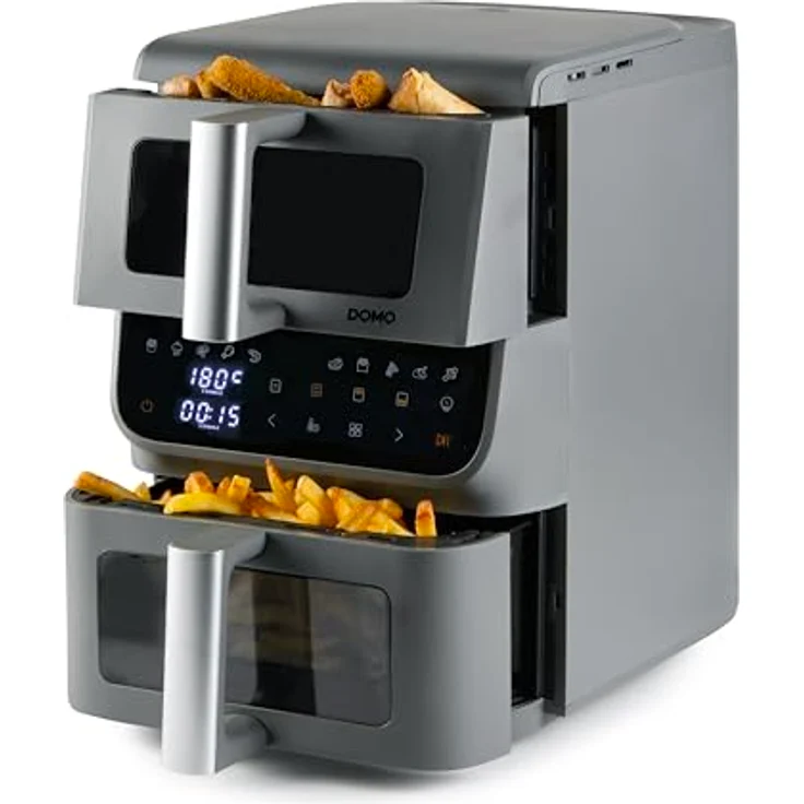 DOMO DO550FR Heißluftfritteuse 2 Kammern Vertikal, 10L, 2500W, LED Touchdisplay mit Sichtfenster, platzsparendes Design, grau – Bild 1