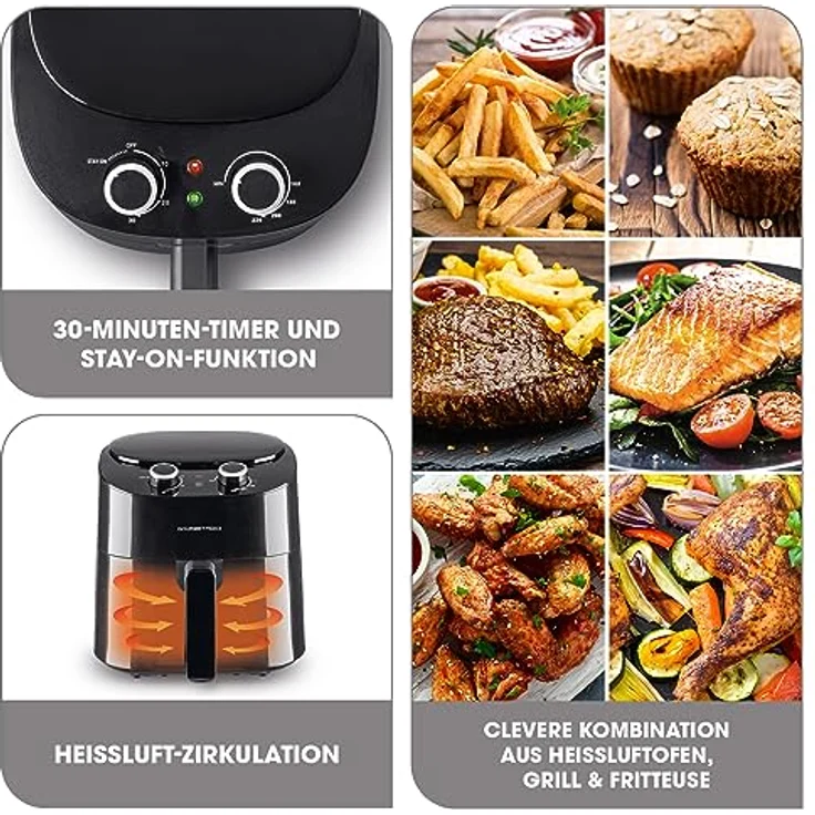 GOURMETmaxx Heißluftfritteuse 4,5L | Airfryer mit 8 Programmen, ideal zum besonders fettarmen Garen, Grillen oder Backen ohne Öl | Mit LCD-Display, Timer- & Stay-On-Funktion | 1400W [Schwarz] – Bild 2