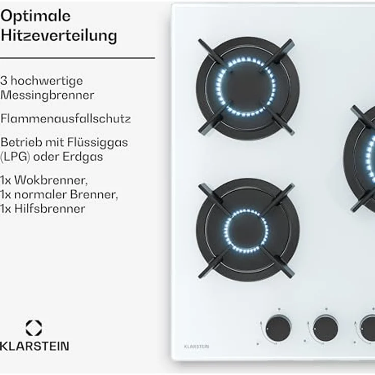 Klarstein Goldflame Gasherd, 3-Brenner Gaskochfeld mit 5800W, Glas & Messing, Flüssiggas/Erdgas, mit automatischer Zündung und Flammenausfall-Sicherung – Bild 3