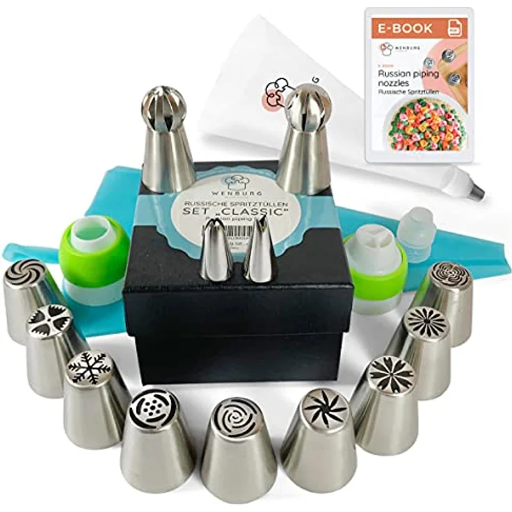Wenburg Spritzbeutel Set 38-teilig, Spritzbeutel mit 9 Tüllen und E-Book für professionelle Kuchen-Dekoration, hochwertige Edelstahl-Qualität – Bild 1