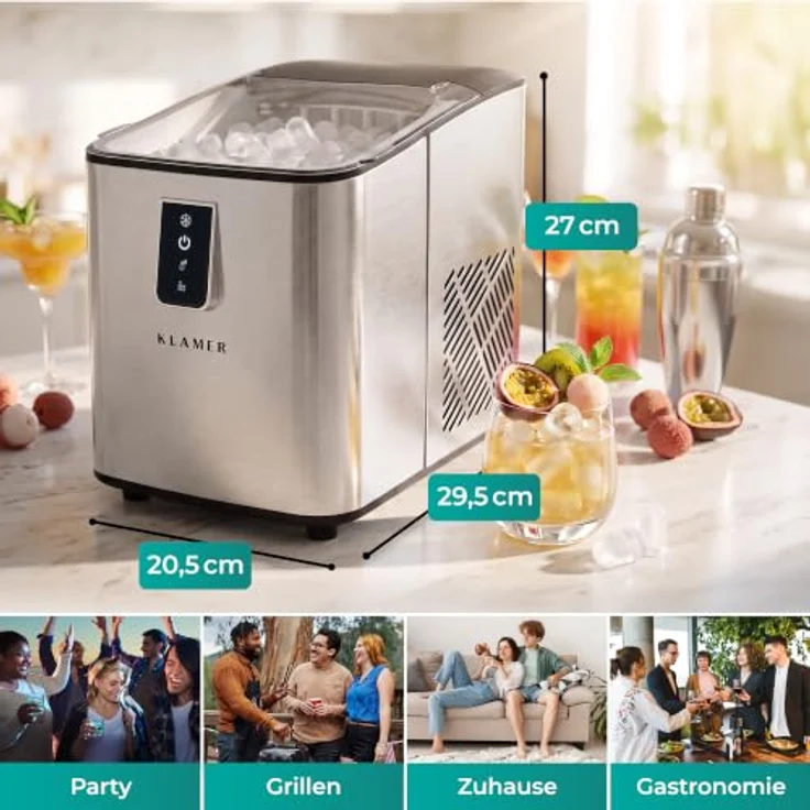 KLAMER Edelstahl Eiswürfelmaschine, 12 kg/24h, 8 Würfel in 8 Min, 1L Wassertank, geräuscharmer Kompressor, Touch Display – Bild 6