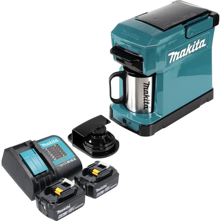 Makita DCM 501 SG2 Akku Kaffeemaschine 12 V max. / 18 V + 2x Akku 6,0 Ah + Ladegerät, für mobilen Einsatz geeignet