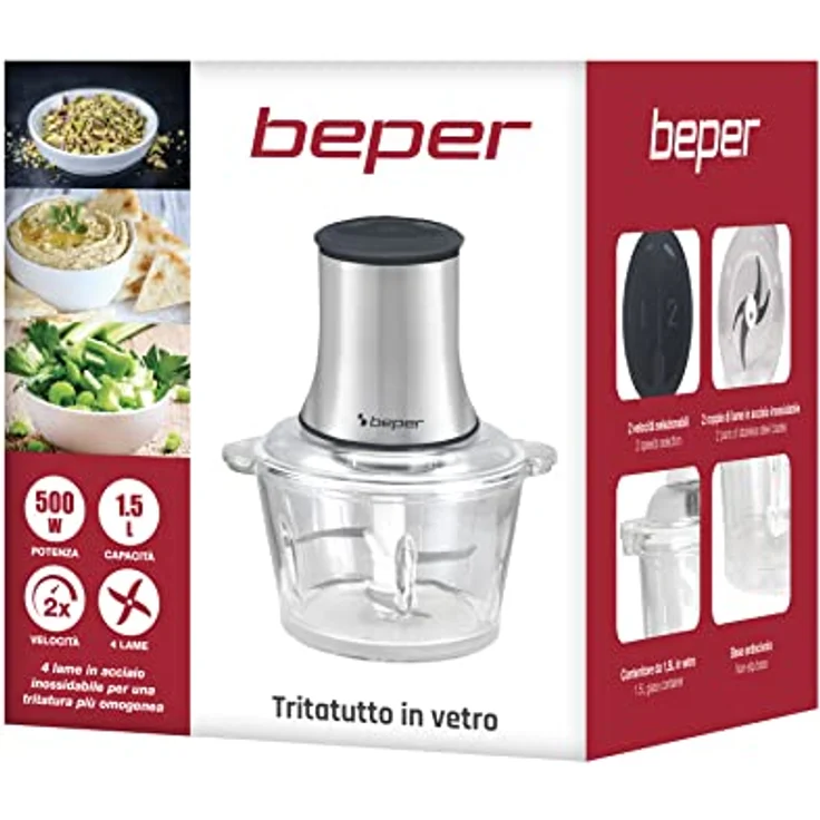 Beper P102ROB001 Zerkleinerer, 500W, 2 Geschwindigkeitsstufen, 1,5 L Behälter, Edelstahl, Glas, grau – Bild 9