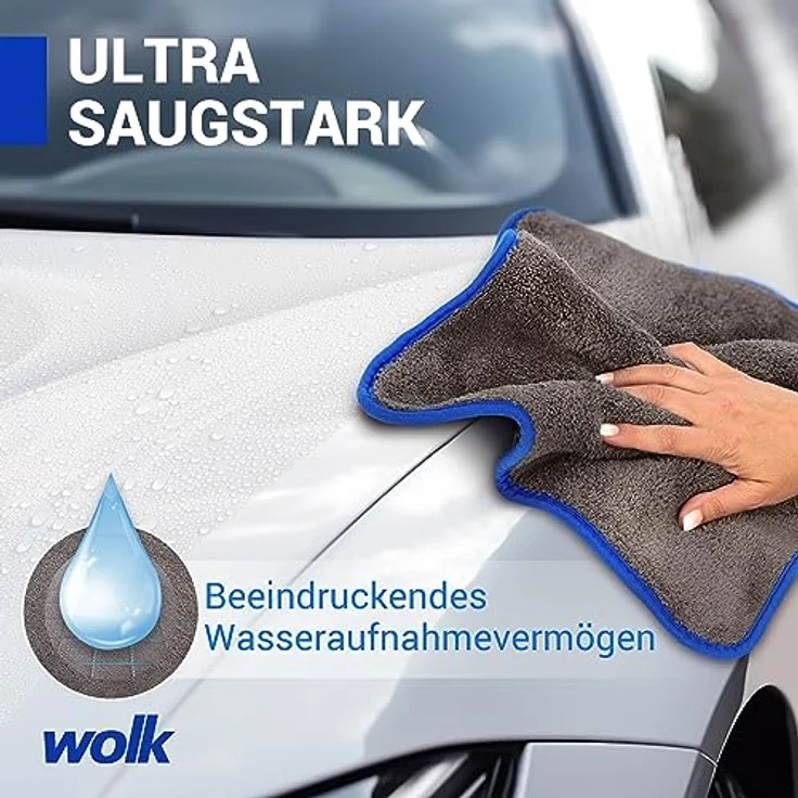 wolk Auto Trockentuch 1200 GSM Mikrofaser, saugstark und kratzfrei, 40x40 cm, grau/blau, für Auto & Motorrad – Bild 5