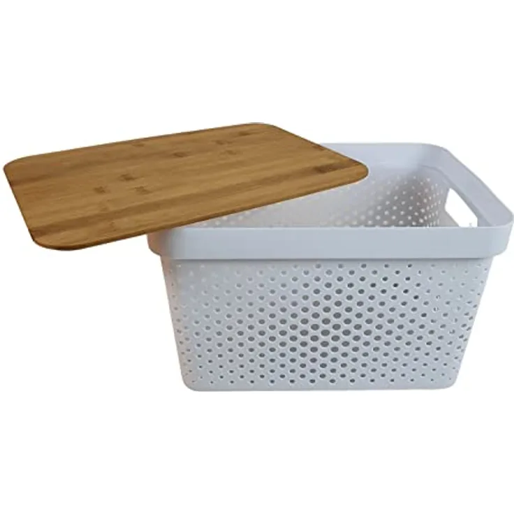 SESUA Aufbewahrungsbox 17L mit Bambusdeckel & Lochmuster schwarz weiss Kiste Ordnung Dekoration (weiss)