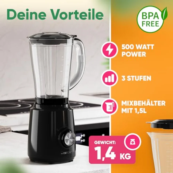 Clatronic UM 3845 Standmixer 500W, 1,5L Smoothie Maker mit Ice-Crush Funktion, BPA-frei, 4-fach rostfreies Edelstahlmesser, 3 Stufen, Turbo-Funktion, Deckel mit Nachfüllöffnung – Bild 3