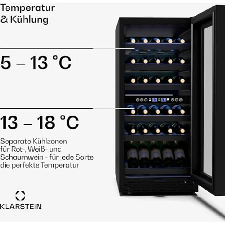 Klarstein Vinovilla 30 Duo Weinkühlschrank 2 Zonen, 32 Flaschen, 5-18 °C, LED-Touch, leise 39 dB, mattschwarz, Einbau – Bild 4