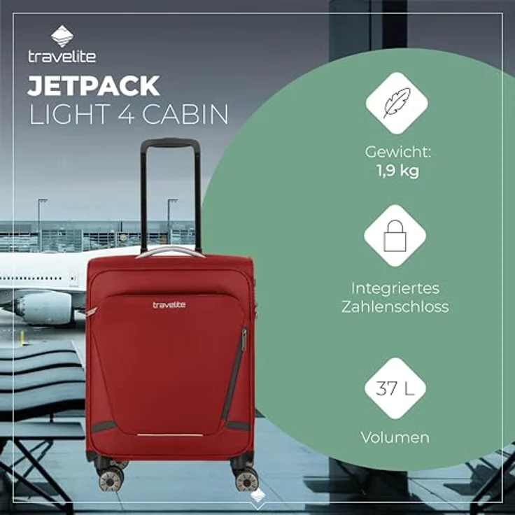 Travelite Handgepäck Koffer Jetpack Rot, 4 Rollen, integriertes Zahlenschloss, 55x40x20 cm, 37 l, 1,9 kg – Bild 2