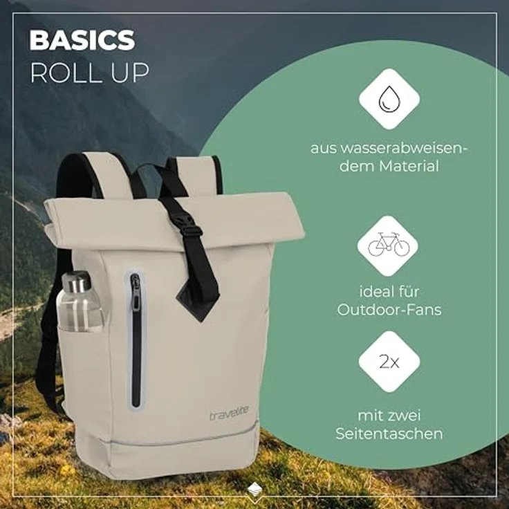 travelite BASICS Roll-Up Rucksack, Freizeitrucksack aus wasserfester Plane mit reflektierenden Applikationen, ideal für Wandern und Freizeit, viele Trendfarben verfügbar – Bild 2