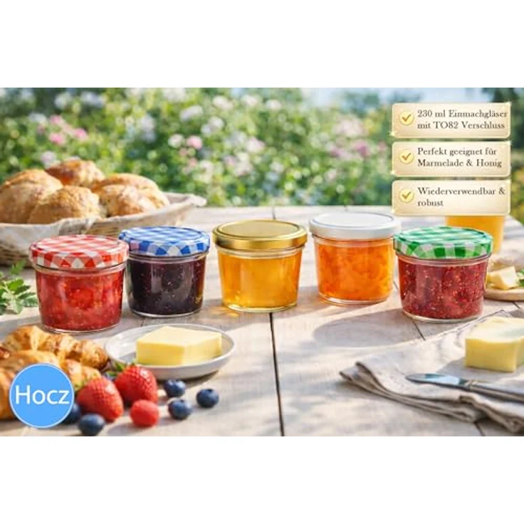 hocZ 25x Marmeladengläser 230 ml, Einmachgläser mit Rot Kariert Deckel, luftdicht mit Etiketten, Spülmaschinenfest, Set mit 25 Stück – Bild 3