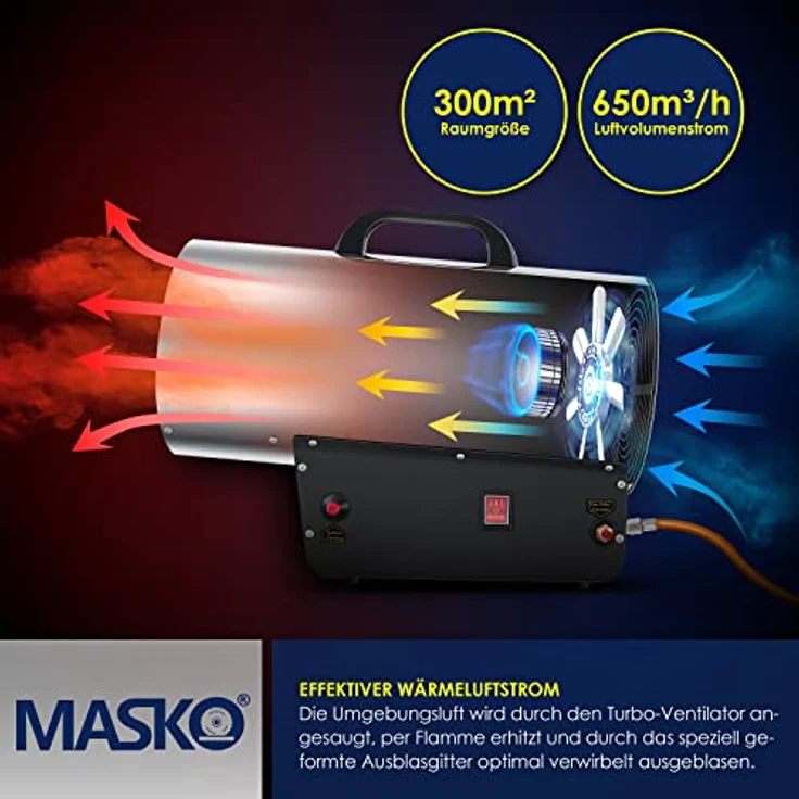 MASKO Gasheizgebläse Gasheizer Heizkanone Gasheizstrahler Bauheizer Gas Heizgerät heizstrahler Heißluftgenerator inkl. Gasschlauch & Druckminderer Heizgebläse für handelsübliche Gasflaschen Silber, 30 kW,  – Bild 4