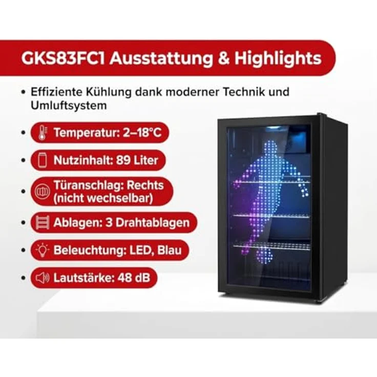 PKM GKS83FC1 Flaschenkühlschrank, 89 Liter, Touch Control, Umluft-Kühlung, blaue LED-Beleuchtung, Schwarz – Bild 2