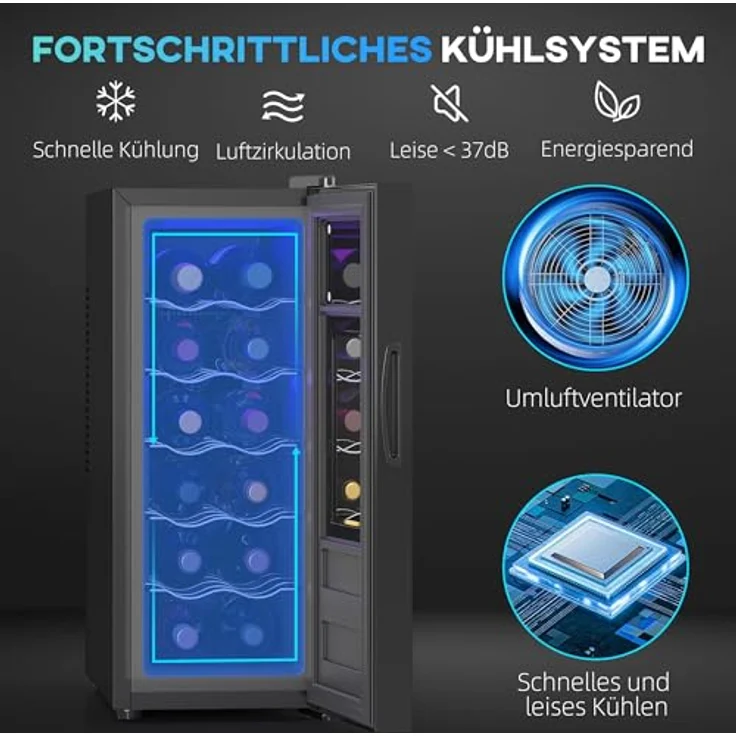 HOMCOM Weinkühlschrank 30 L, Getränkekühlschrank für 12 Flaschen mit LED-Beleuchtung, Touch-Steuerung, Temperatur 8-18°C, Schwarz – Bild 3