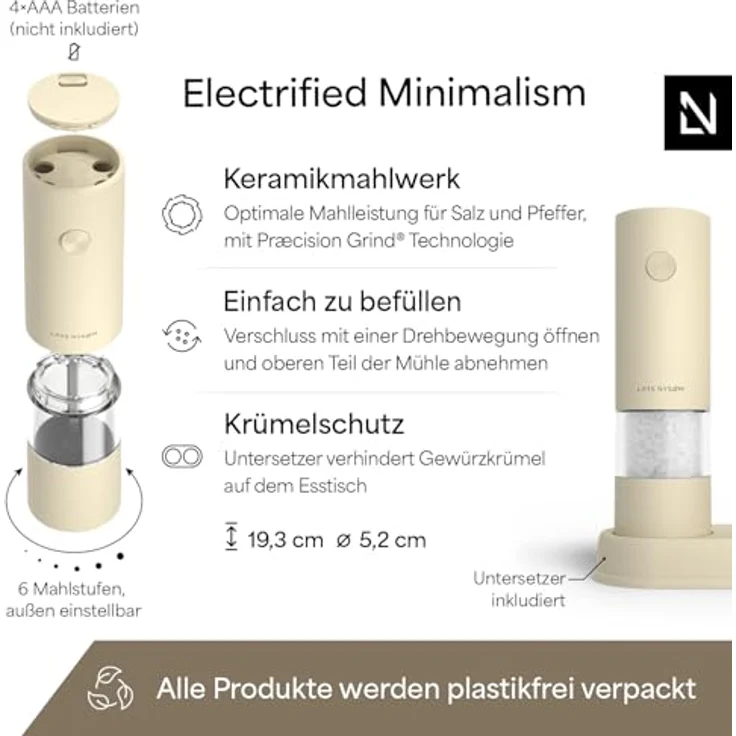 LARS NYSØM Elektrisches Salz- und Pfeffermühlen Set, automatische Gewürzmühlen mit einstellbarem Keramikmahlwerk, AAA-Batteriebetrieben, 2 Stück mit Untersetzer, Almond Beige – Bild 4