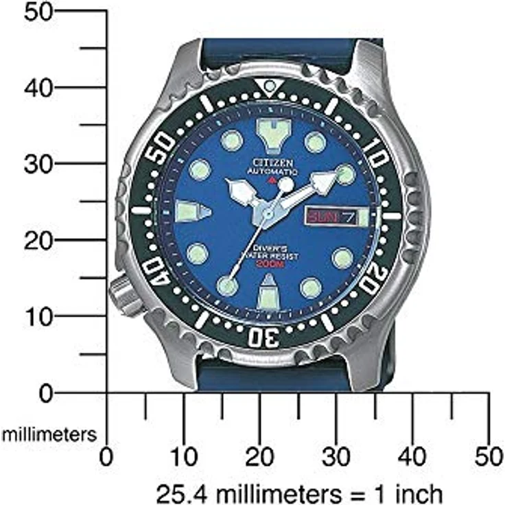 Citizen NY0040-17LE, Herren-Automatikuhr mit blauem Kunststoffband und Edelstahlgehäuse, analogue Anzeige, Kalenderfunktion, leuchtend im Dunkeln – Bild 4