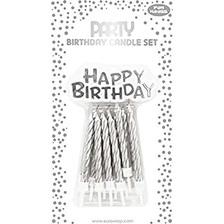Clairefontaine 26574-SC - Set mit 12 Kerzen + 12 Kerzenhalter + Deko ''Happy Birthday'', Silber, 1 Set