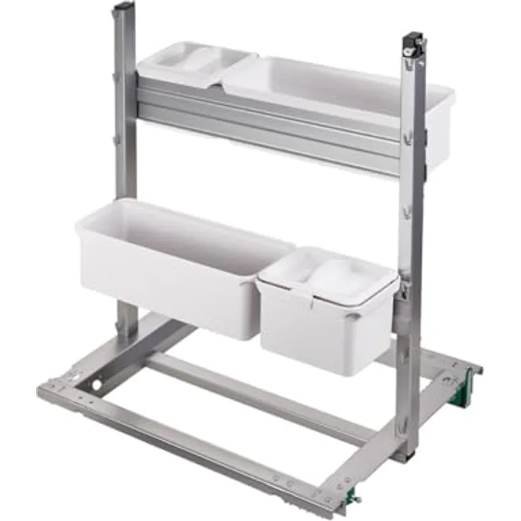 Kesseböhmer YouboXx-Set 3 Organisationssystem für Apothekerauszug, 6 Boxen (1,0 L und 2,1 L) mit weißen Deckeln und Trennteiler, silbergraue Trägerschienen