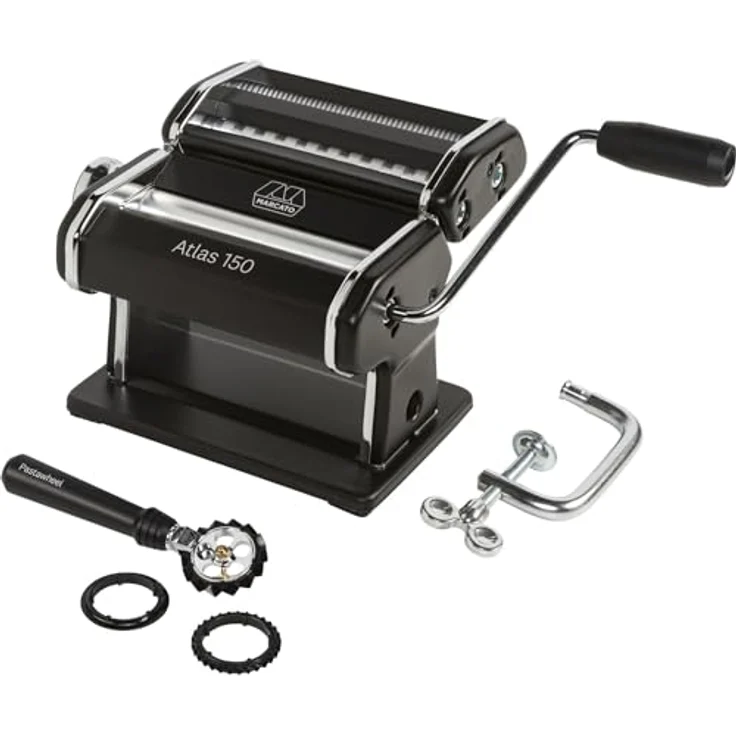 Marcato ATLAS 150 NERA, Nudelmaschine aus Stahl mit 10-stufigem Regler und Pastawheel in schwarz – Bild 1