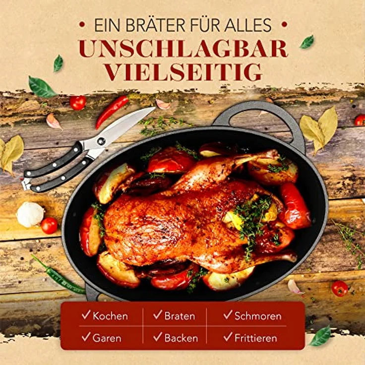 KRUSTENZAUBER 38cm Gusseisen Bräter mit Deckel backofengeeignet inkl. Geflügelschere - 9kg Gänsebräter - Idealer Topf XXL, Schmortopf Bratentopf, Induktion, Gusseisenpfanne – Bild 4