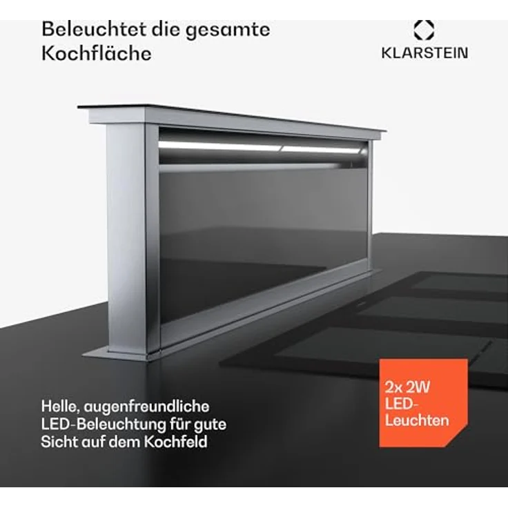 Klarstein Royal Flush Downdraft Dunstabzugshaube - A++ Energieeffizienz, 836 m³/h, Leise 70 dB, Touch-Bedienfeld, LED-Beleuchtung in 9 Farben, Wandmontage, Umluftbetrieb möglich – Bild 4