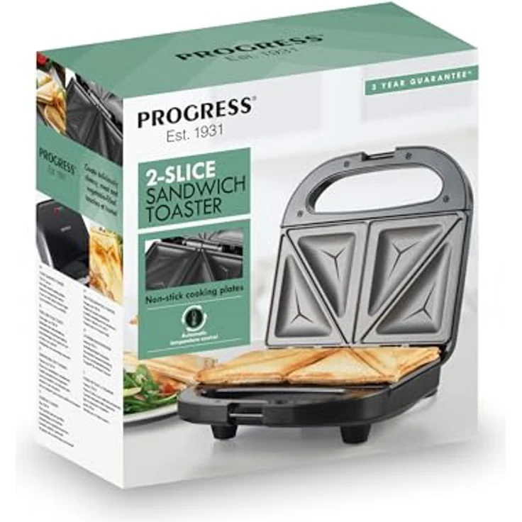 Progress EK5851P 2-Scheiben Sandwichtoaster – Elektrischer Doppel Snack Maker mit Antihaftbeschichtung, Automatischer Temperatursteuerung und 750W Leistung – Bild 3