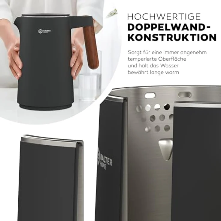 BALTER Edelstahl Wasserkocher mit Temperatureinstellung, 45°C-100°C, Doppelwand, BPA frei, leise & kabellos, Warmhaltefunktion, Teekocher mit Temperaturanzeige, 1.5L, 2200W, Schwarz (Titanium Gray) – Bild 3